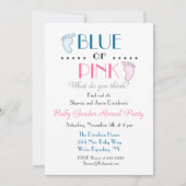 青またはピンクのベビー足性発現招待状 招待状 (正面)