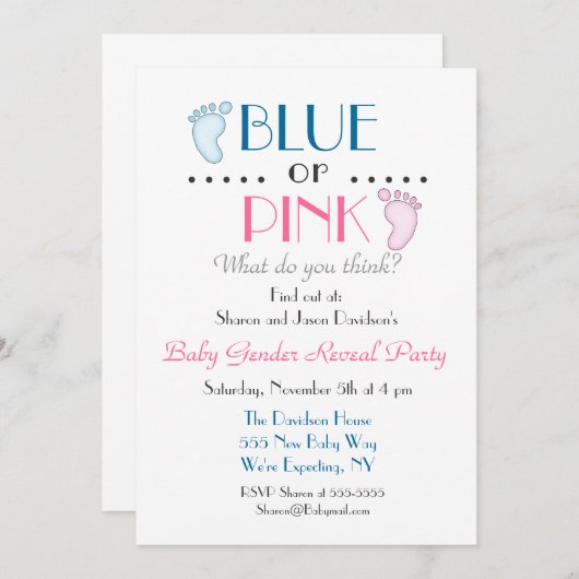 青またはピンクのベビー足性発現招待状 招待状 (正面/裏面)