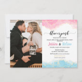 青またはピンクの少年または少女の性別の明るい写真 招待状 (正面)