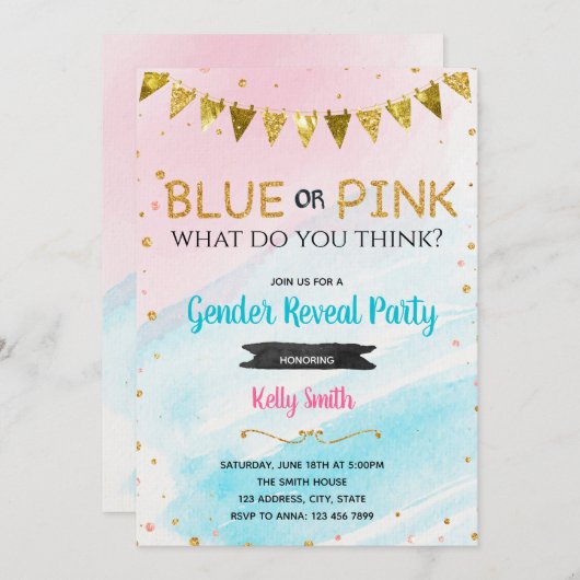 青またはピンクの性別が招待を明らかにする 招待状 (正面/裏面)