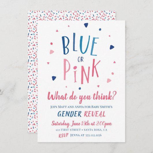 青またはピンクの性別が招待を明らかにする 招待状 (正面/裏面)