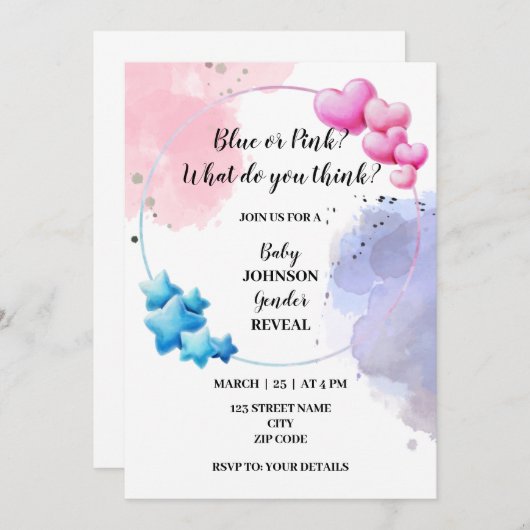 青またはピンクの性別が明らかになる 招待状 (正面/裏面)