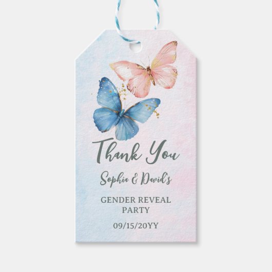 青またはピンクの性別が赤ちゃんのシャワーパーティーを明らかにする ギフトタグ (正面)