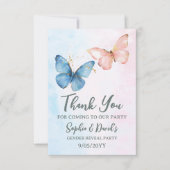 青またはピンクの性別が赤ちゃんのシャワーパーティーを明らかにする サンキューカード (正面)