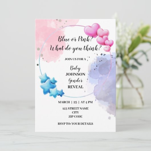 青またはピンクの性別発表 招待状 (スタンド正面)