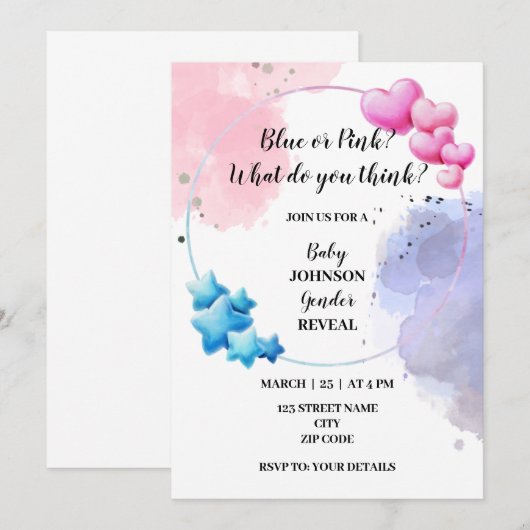 青またはピンクの性別発表 招待状 (正面/裏面)