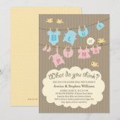 青またはピンクの赤ちゃん性別発表パーティー招待状 招待状 (正面/裏面)