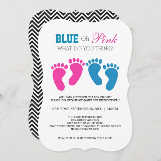 青またはピンクの足プリント性別がパーティーを表示 招待状 (正面/裏面)