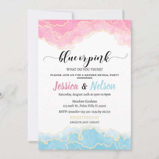 青またはピンク彼または彼女の男の子または女の子の性別を明らかにする 招待状 (正面)