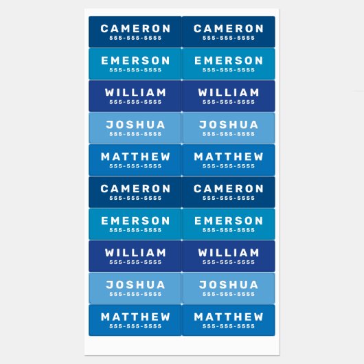 青または任意の色の名前と番号の防水 ラベル (シート)