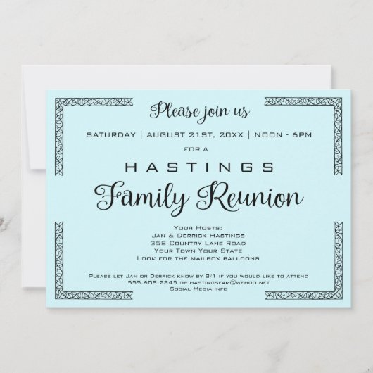 青または任意の色ファミリ懇親会招待状 招待状 (正面)