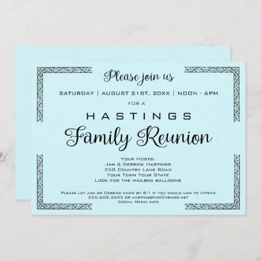 青または任意の色ファミリ懇親会招待状 招待状 (正面/裏面)