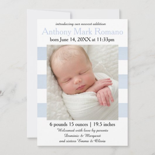 青または白のストライプの写真-誕生の発表 案内状 (正面)