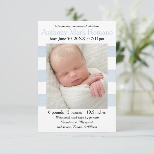 青または白のストライプの写真- 3x5誕生の発表 案内状 (スタンド正面)