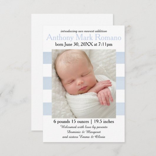 青または白のストライプの写真- 3x5誕生の発表 案内状 (正面/裏面)