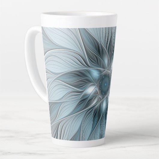 青みがかったグレーと花の抽象画 フラクタル カフェラテマグ (左アングル)