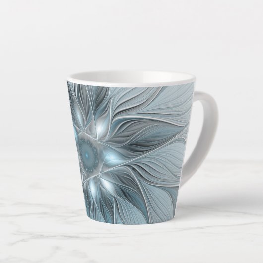青みがかったグレーと花の抽象画 フラクタル カフェラテマグ (右アングル)