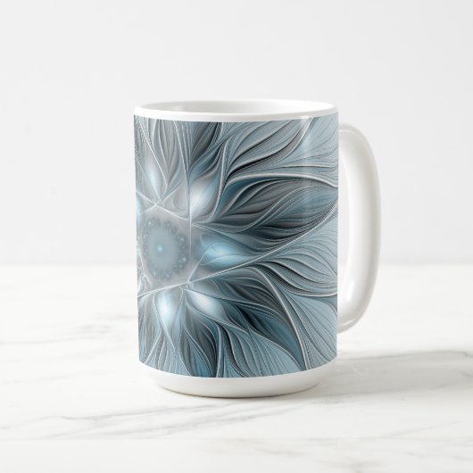 青みがかったグレーと花の抽象画 フラクタル コーヒーマグカップ (正面右)