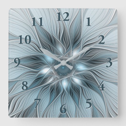 青みがかったグレーと花の抽象画 フラクタル スクエア壁時計 (正面)