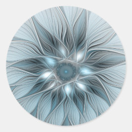 青みがかったグレーと花の抽象画 フラクタル ラウンドシール