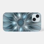 青みがかったグレーと花の抽象画 フラクタル iPhone 15ケース (裏面横)