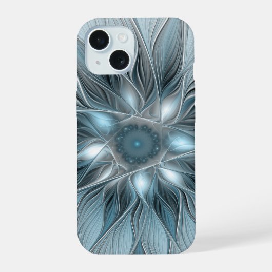 青みがかったグレーと花の抽象画 フラクタル iPhone 15ケース (裏面)