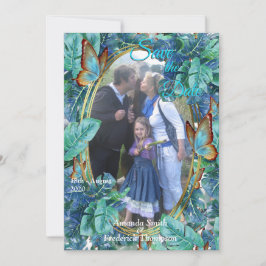 青みがかったターコイズのモンステラの葉と蝶 招待状