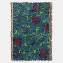 青みがかったノッチのある仮想の葉のような形のものが濃い赤い六角形 スローブランケット