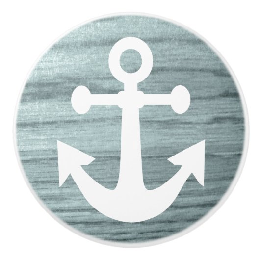 青みがかった樹齢の木の外観プリントと航海のいかり セラミックノブ (正面)