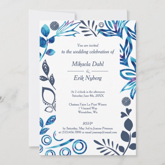 青みがかった灰色の花の模様のフレーム結婚式 招待状 (正面)