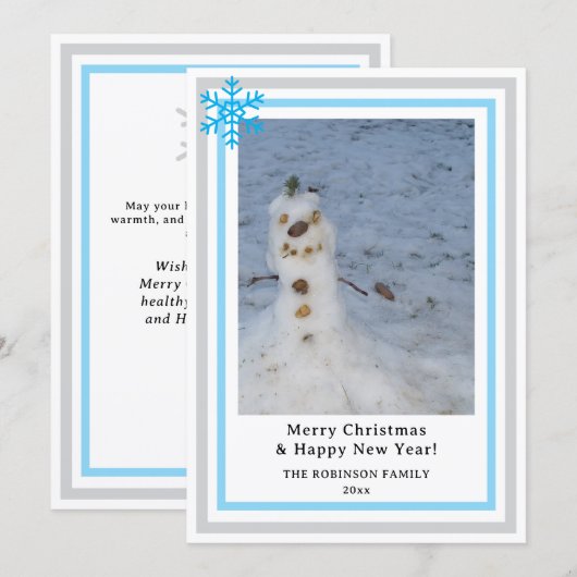 青みがかった灰色の雪の結晶を散りばめた「雪が降りますように」デザインのフォト挿入スペースあり シーズンカード (正面/裏面)