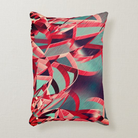 青みがかった灰色の霧雨の上に湾曲した赤いリボン アクセントクッション (正面(垂直))