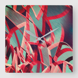 青みがかった灰色の霧雨の上に湾曲した赤いリボン スクエア壁時計