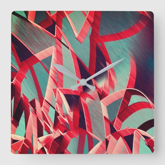 青みがかった灰色の霧雨の上に湾曲した赤いリボン スクエア壁時計 (正面)