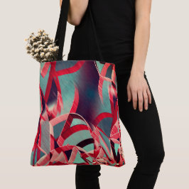 青みがかった灰色の霧雨の上に湾曲した赤いリボン トートバッグ