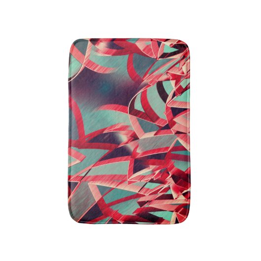 青みがかった灰色の霧雨の上に湾曲した赤いリボン バスマット (正面縦)