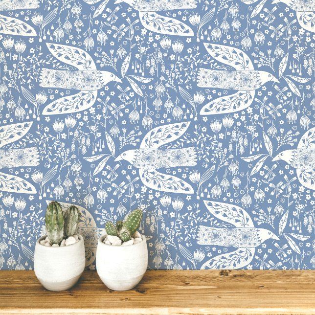 青みがかった灰色の鳥の芸術作品に白いハトと花 壁紙 (Doves and flowers botanical folk art style peel and stick wallpaper)