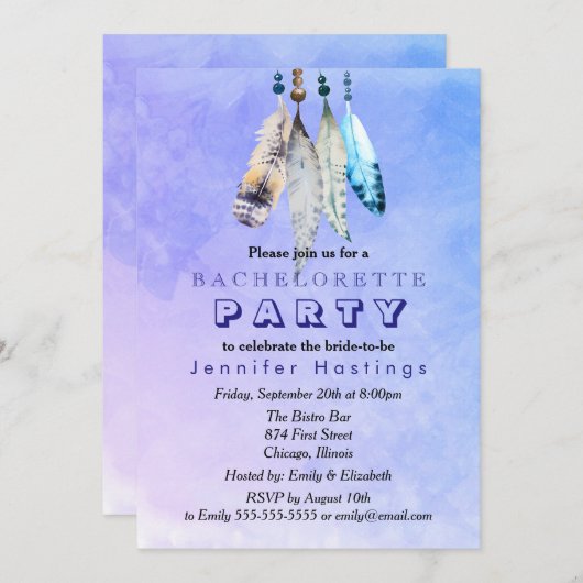 青みがかった紫のバチェロレッテの水彩羽 招待状 (正面/裏面)