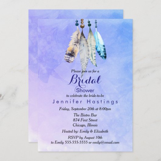 青みがかった紫のブライダルシャワーの水彩 招待状 (正面/裏面)