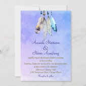 青みがかった紫の水色結婚の羽 招待状 (正面)