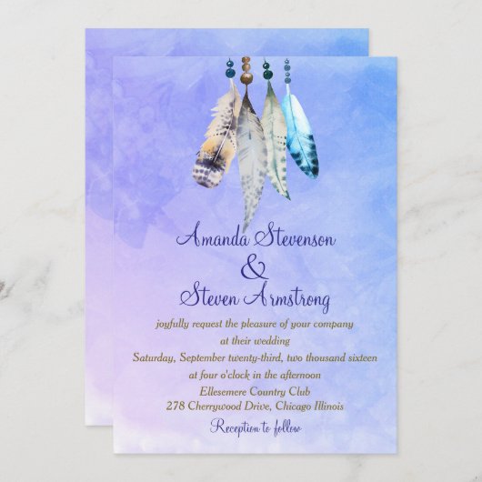 青みがかった紫の水色結婚の羽 招待状 (正面/裏面)