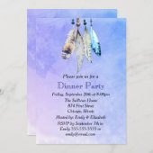 青みがかった紫色のディナーパーティーの水彩羽 招待状 (正面/裏面)
