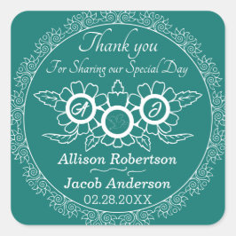 青みがかった緑と白の結婚クラシックラウンドステッカー スクエアシール