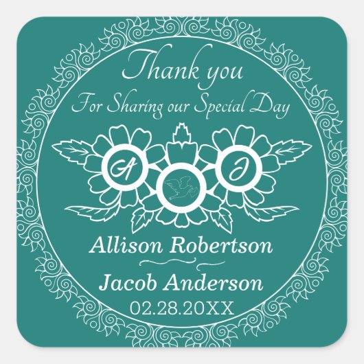 青みがかった緑と白の結婚クラシックラウンドステッカー スクエアシール (正面)