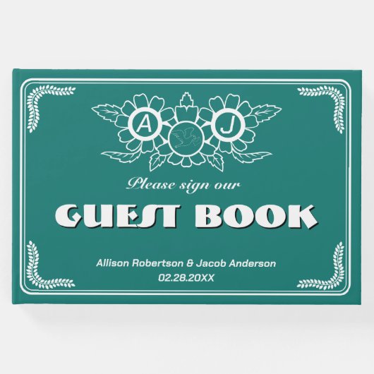 青みがかった緑と白結婚のゲストブック ゲストブック (正面)