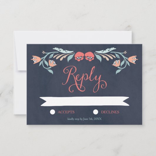 青みがかった黒板エレガントフローラ結婚式RSVP 出欠カード (正面)