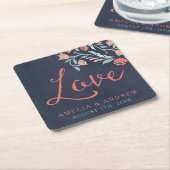 青みがかった黒板結婚フローラの愛 スクエアペーパーコースター (アングル)