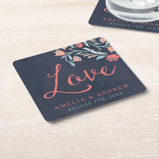 青みがかった黒板結婚フローラの愛 スクエアペーパーコースター (アングル)