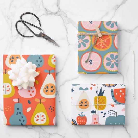 青よくはしゃぐと赤の抽象芸術果実模様 ラッピングペーパーシート (正面)