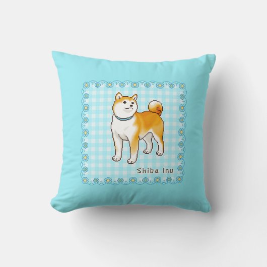 青をテーマにした柴犬ピクセルアート クッション (正面)